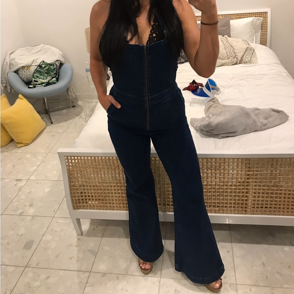 ROLLA'S Dark Blue Denim Strapless Jumpsuit with Front Zip
